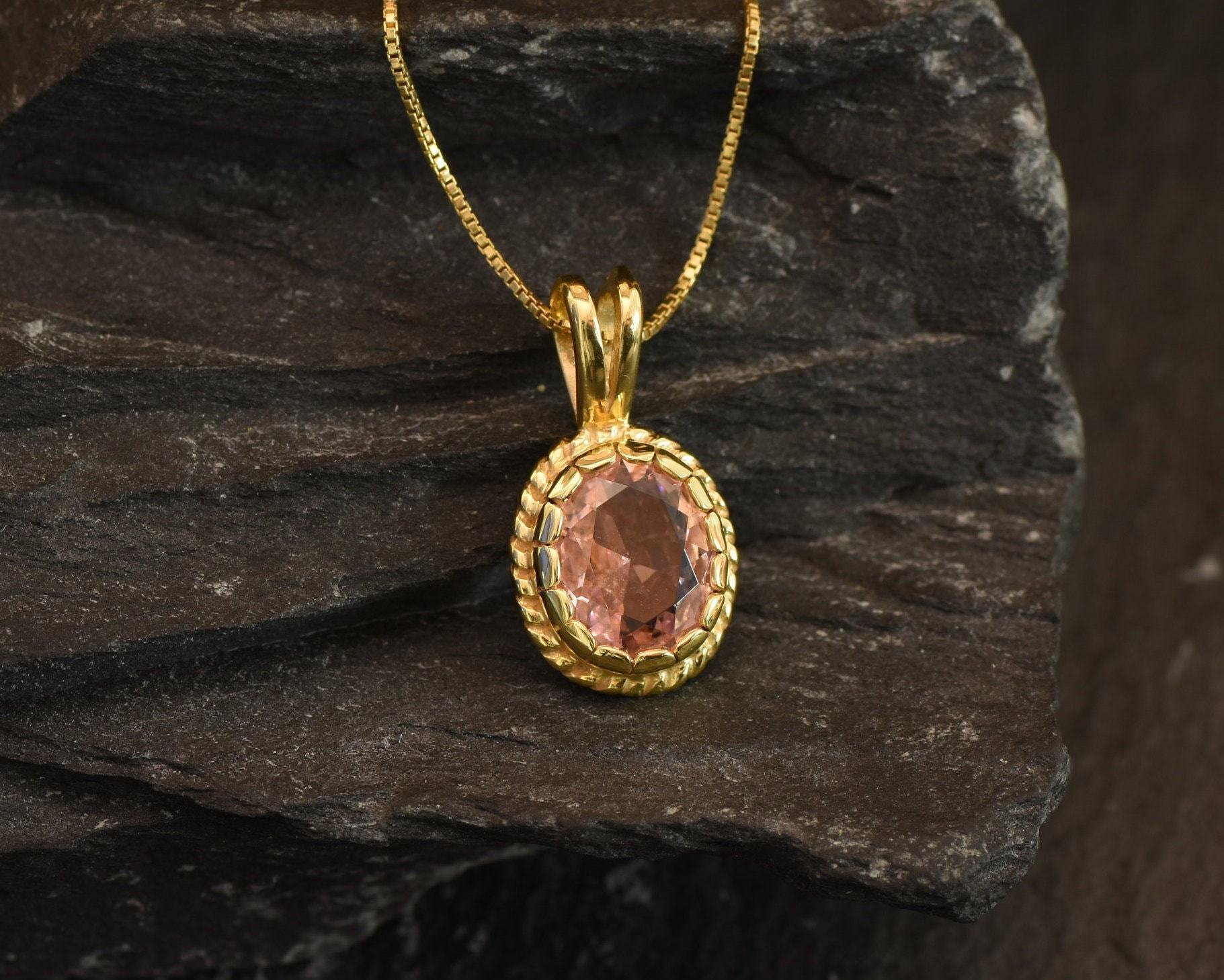 Morganite Necklace, Created Morganite, Small Oval Pendant, Pink Diamond Pendant, Vintage Pendant, Dainty Pink Pendant, Solid Silver Necklace(1)