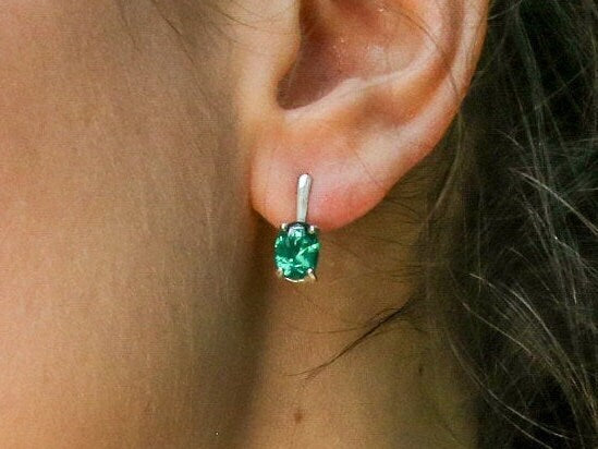 Small Emerald Earrings, Created Emerald, Stud Earrings, Oval Earrings, Dainty Emerald Studs, Green 2 Carat Earrings, Solid Silver Earrings