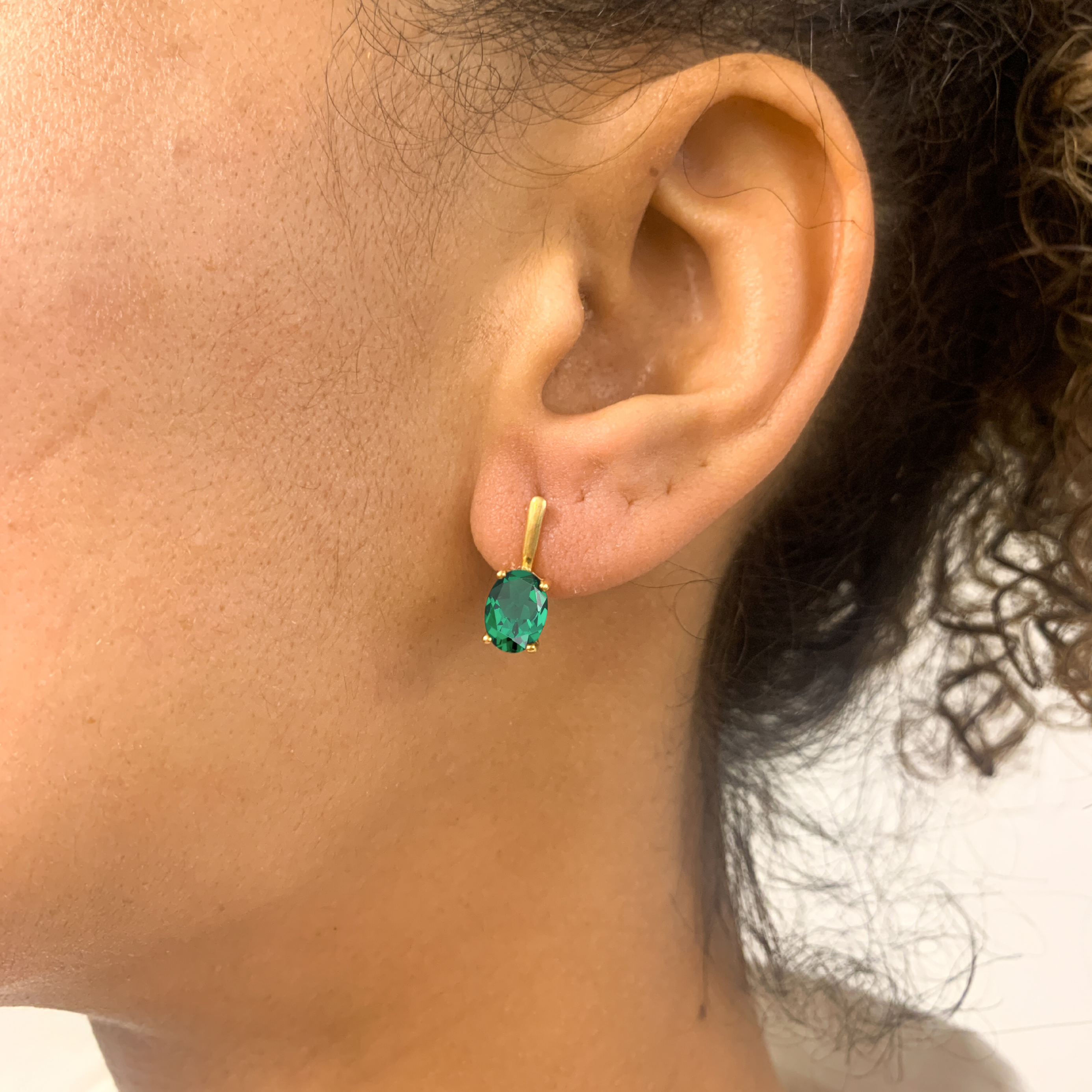 Created Emerald Earrings made in 18k Gold Vermeil with Oval Created Green Emerald in Prong setting, May Birthstone gift idea, symbolizes, ideal for everyday wear and perfect for birthday gifting and special occasions.