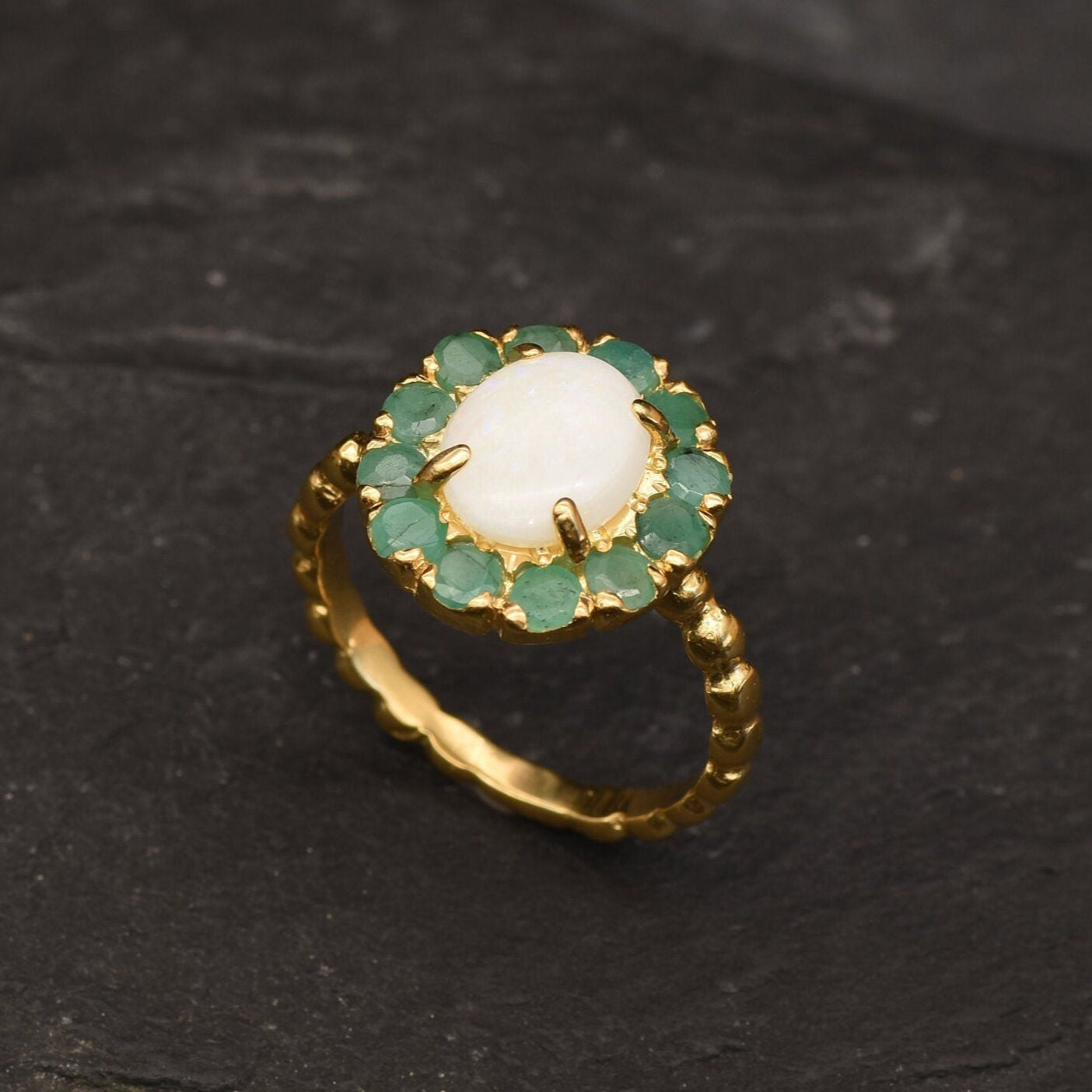 Stunning 18k Gold Vermeil Opal Ring featuring a radiant White Opal, ideal for October birthdays and meaningful gift-giving.