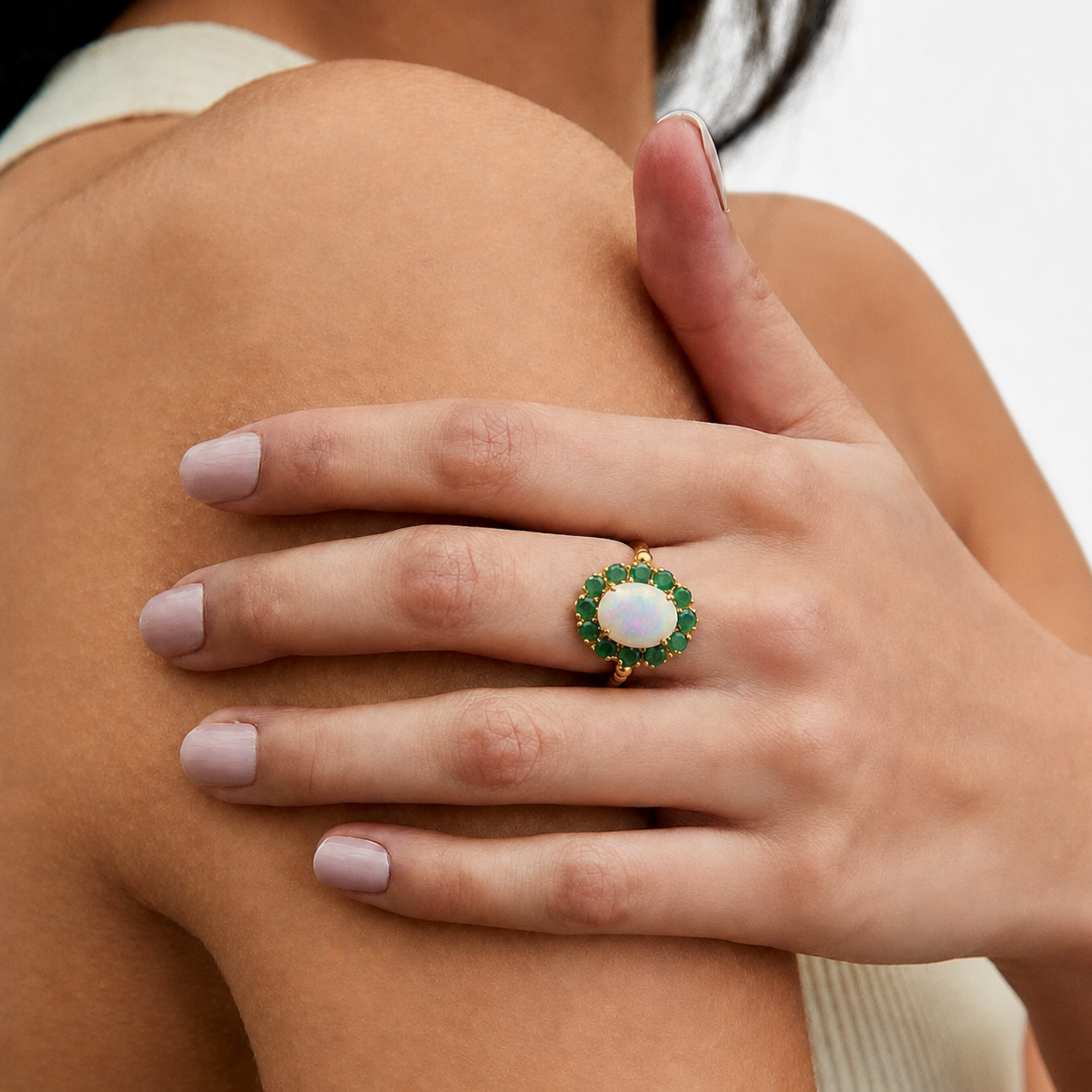 18k Gold Vermeil Opal Ring with White Opal, October Birthstone, perfect for casual wear and special birthday gifts.