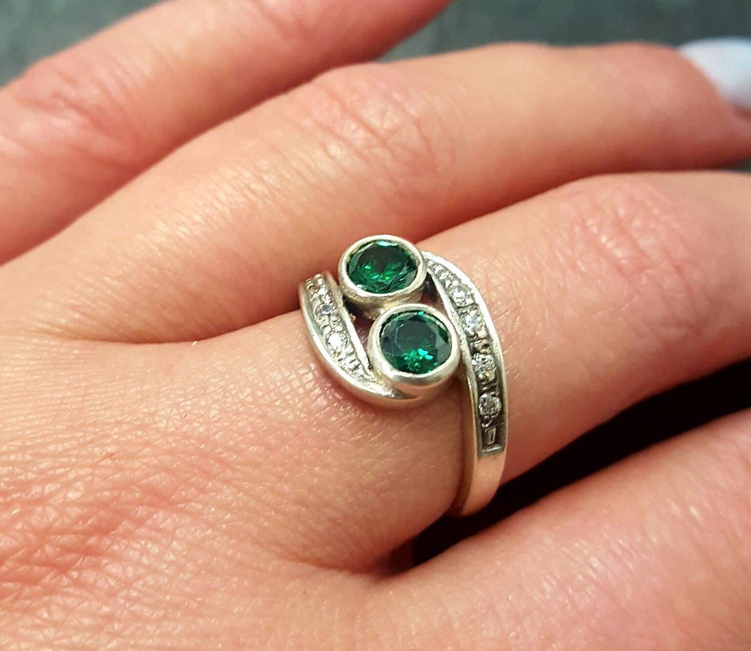 Elegant Two-Stone Created Emerald Ring in 925 Sterling Silver, perfect for May birthdays and everyday elegance.