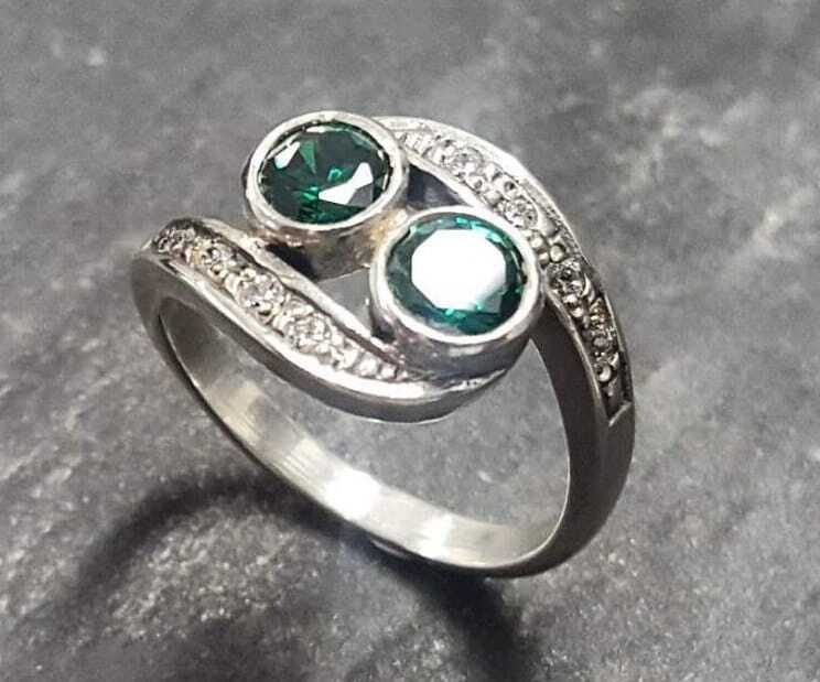 Created Emerald Ring made in 925 Sterling Silver with Round Created Green Emerald in Two-Stone setting, May Birthstone gift idea, symbolizes, ideal for everyday wear and perfect for birthday gifting and special occasions.