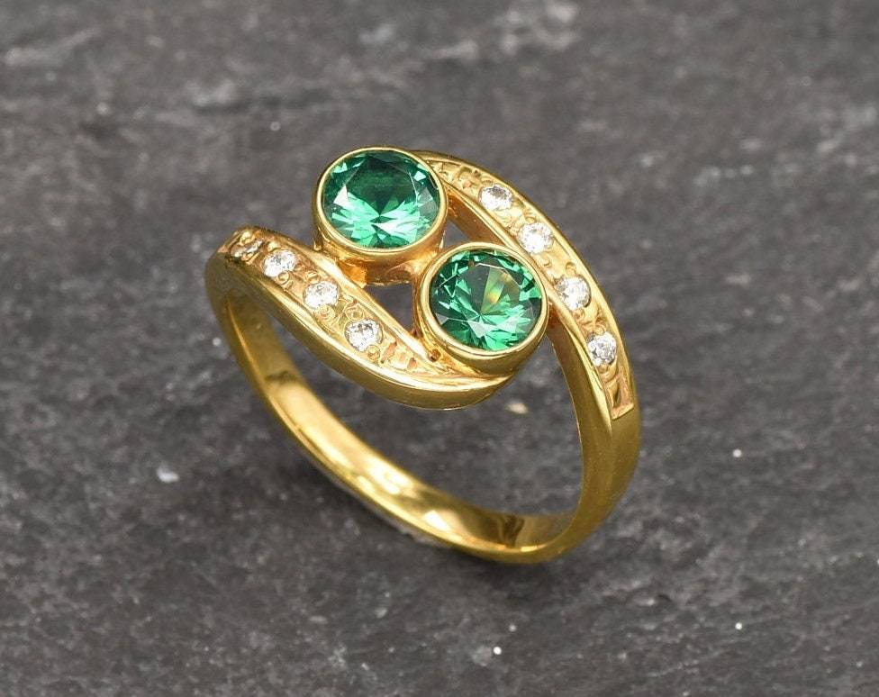 Created Emerald Ring made in 18k Gold Vermeil with Round Created Green Emerald in Two-Stone setting, May Birthstone gift idea, symbolizes, ideal for everyday wear and perfect for birthday gifting and special occasions.