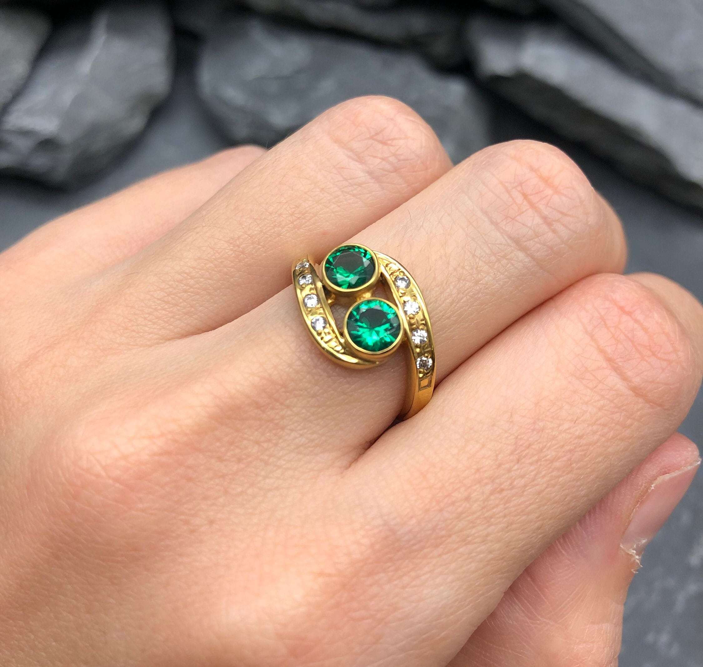 Elegant 18k Gold Vermeil Emerald Ring featuring a Round Created Green Emerald, perfect for birthdays and special occasions.