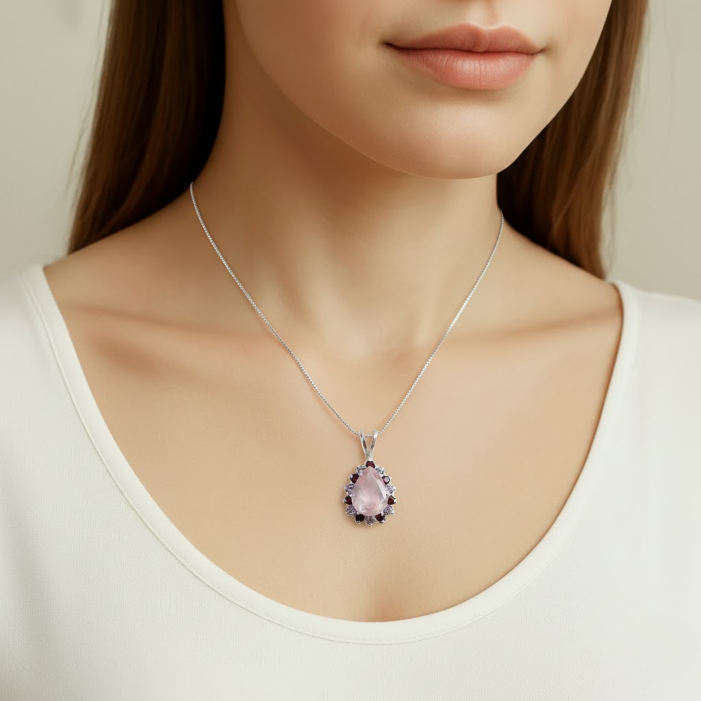 Rose Quartz Pendant with Amethyst and Garnet accents in 925 Sterling Silver, perfect for daily wear and special gifts.