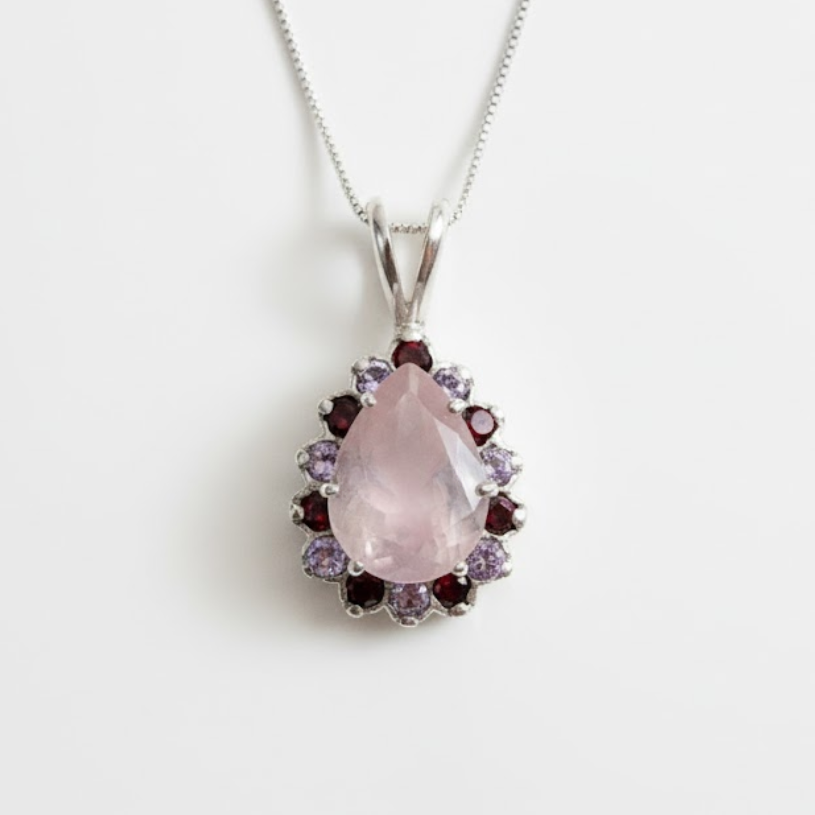 Rose Quartz Pendant - Real Amethyst Necklace - Flower Garnet Necklace made in 925 Sterling Silver. Ideal for everyday wear and perfect for birthday gifting and special occasions.