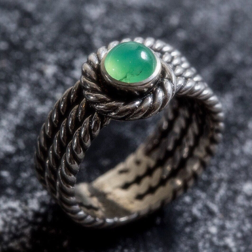 Silver Rope Ring, Chrysoprase Ring, Natural Chrysoprase, Thick Silver Ring, Wide Ring, Australian Chrysoprase, Vintage Ring, May Birthstone