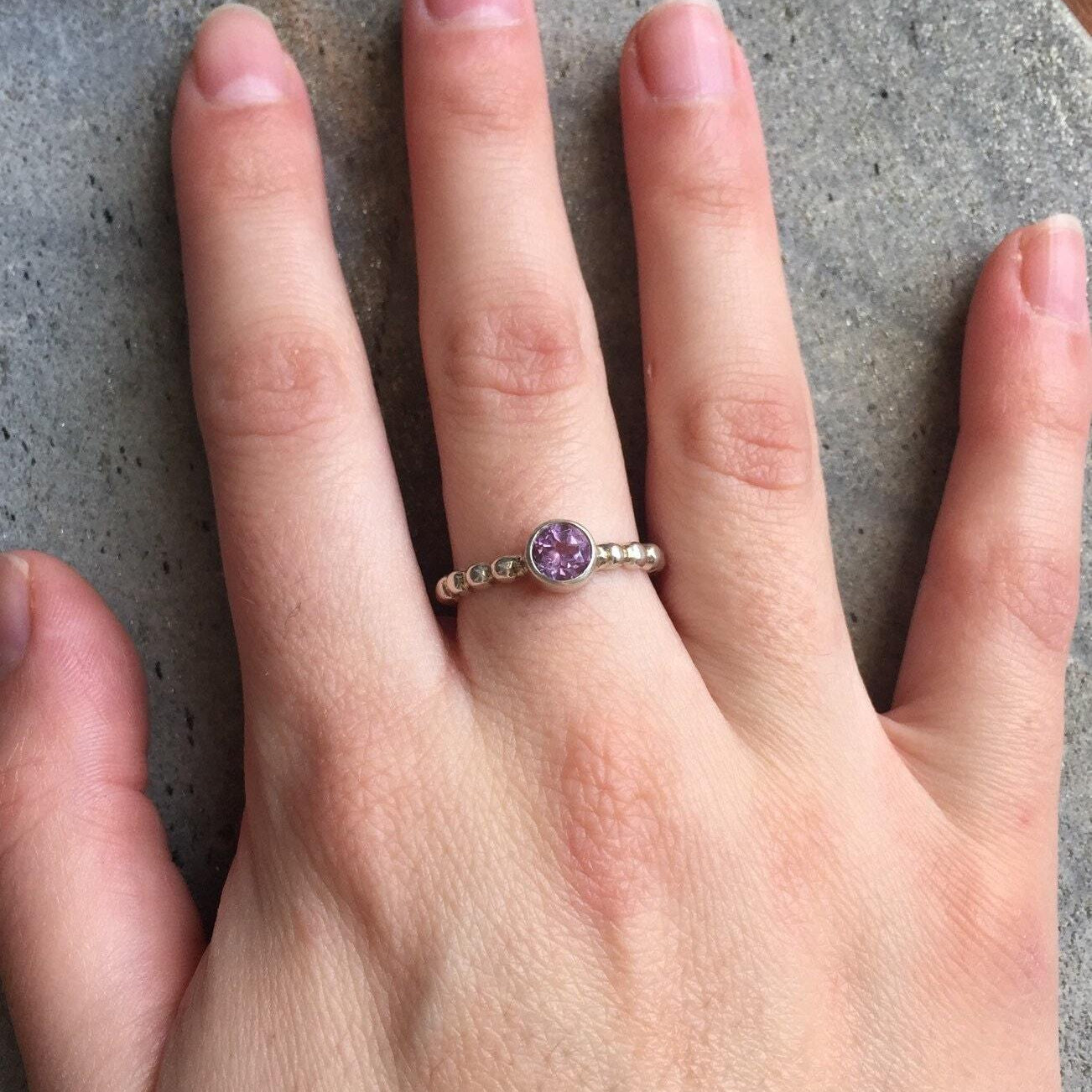 Dainty Amethyst Ring - Purple Gemstone Ring - Stackable Silver Ring