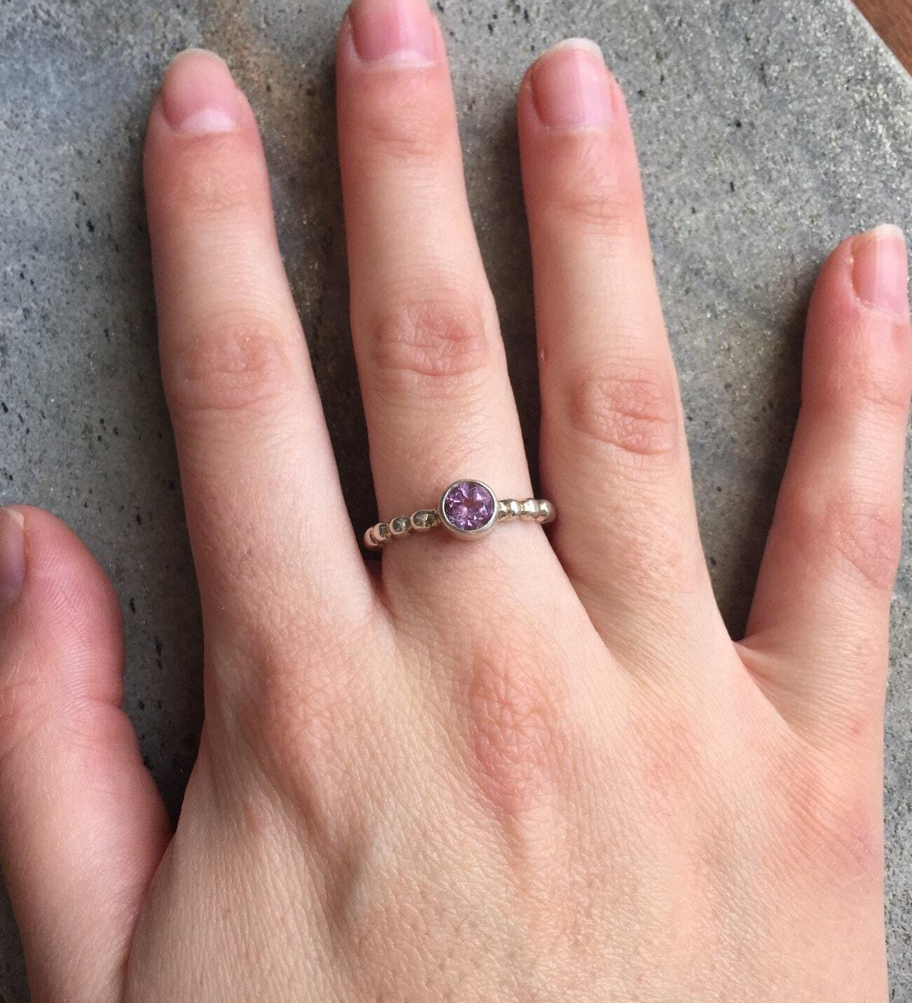 Dainty Amethyst Ring - Purple Gemstone Ring - Stackable Silver Ring