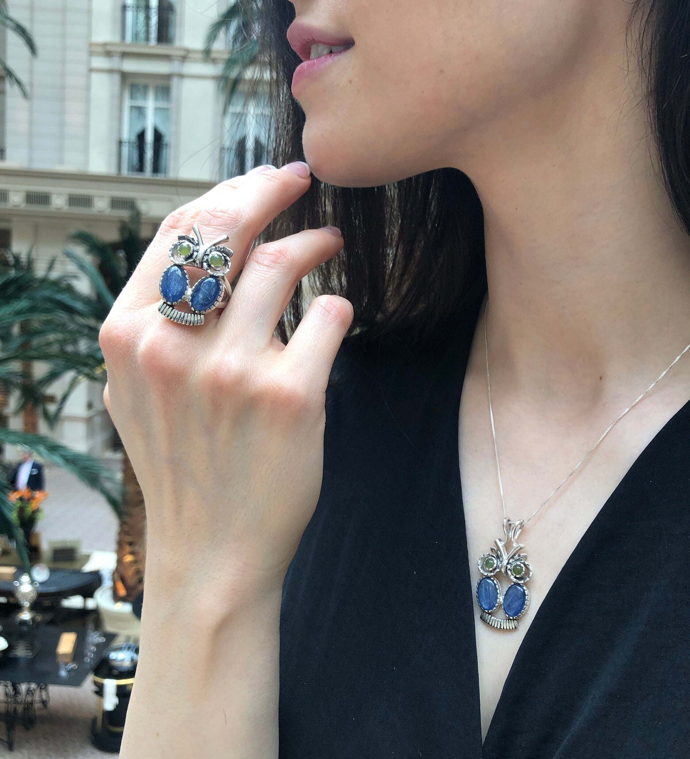 Owl Ring, Natural Kyanite, Statement Ring, Taurus Birthstone, Large Owl Ring, Vintage Ring, Animal Ring, Wisdom Ring, Solid Silver Ring
