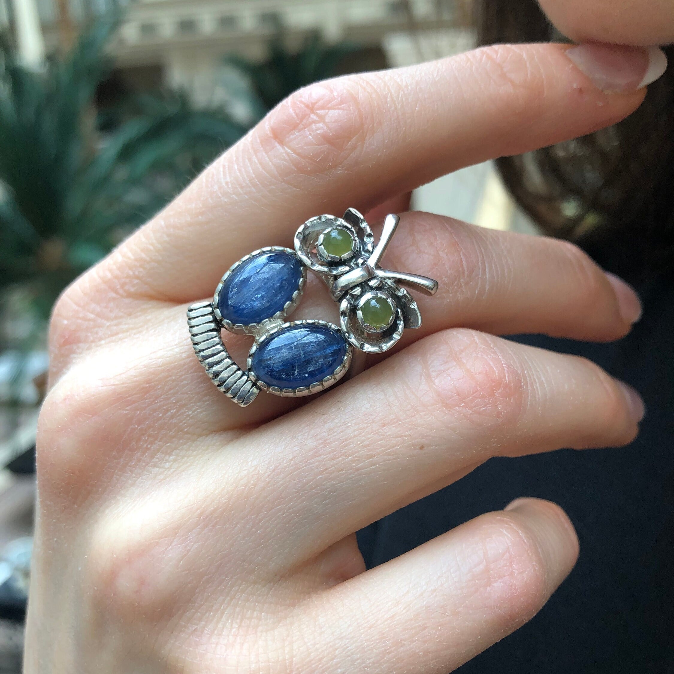 Owl Ring, Natural Kyanite, Statement Ring, Taurus Birthstone, Large Owl Ring, Vintage Ring, Animal Ring, Wisdom Ring, Solid Silver Ring