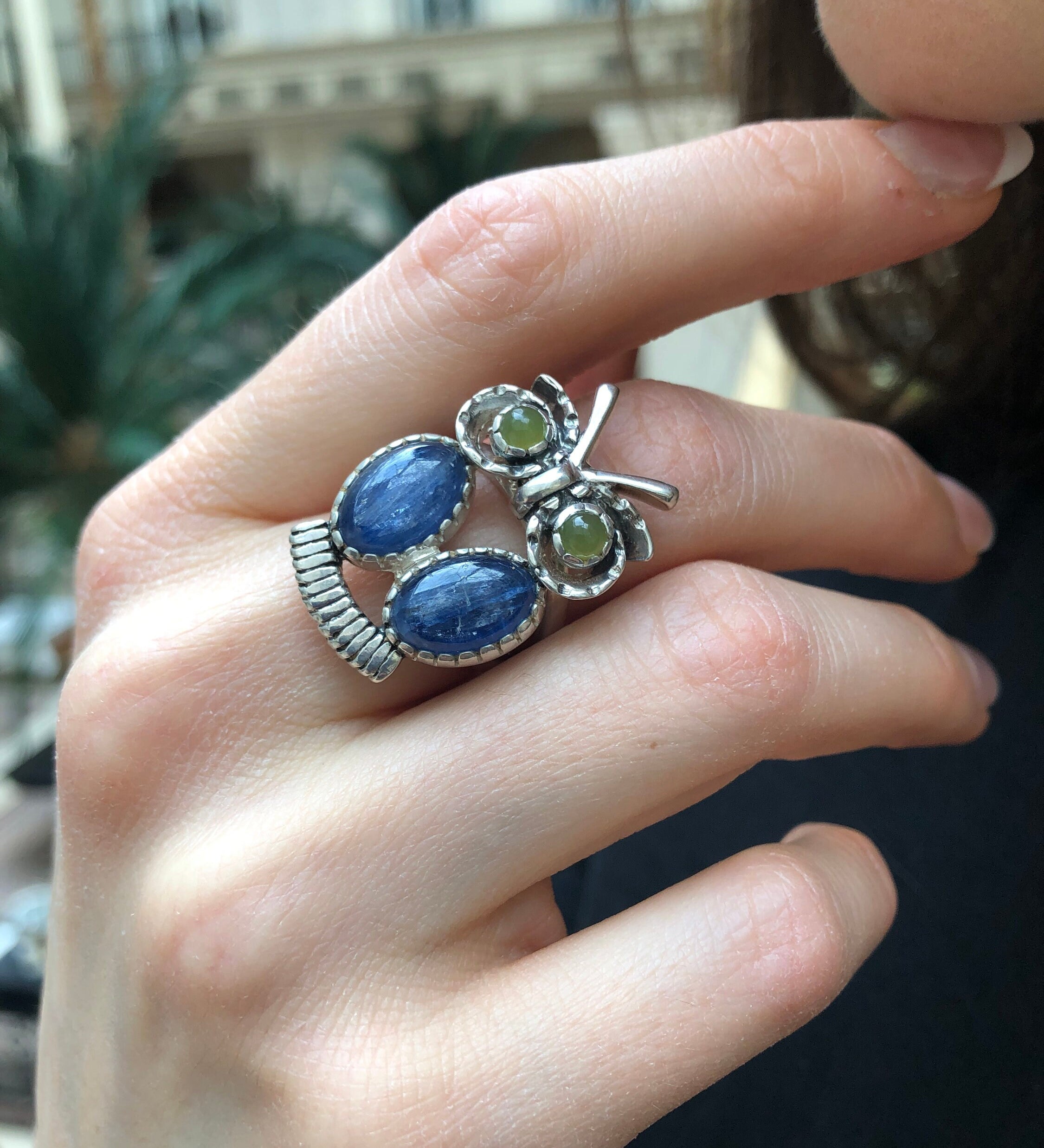 Owl Ring, Natural Kyanite, Statement Ring, Taurus Birthstone, Large Owl Ring, Vintage Ring, Animal Ring, Wisdom Ring, Solid Silver Ring