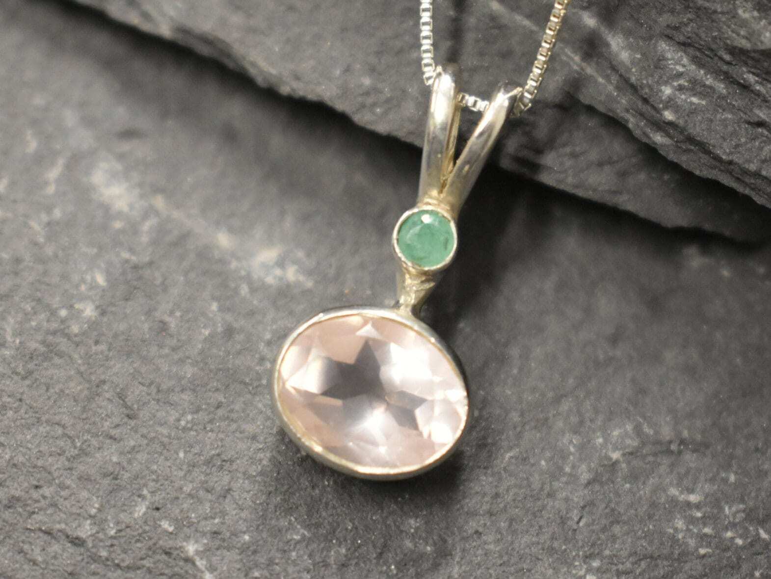 Rose Quartz Pendant, Natural Rose Quartz, Emerald Pendant, Natural Emerald, Pink Pendant, Vintage Pendant, Sterling Silver Pendant, Emerald