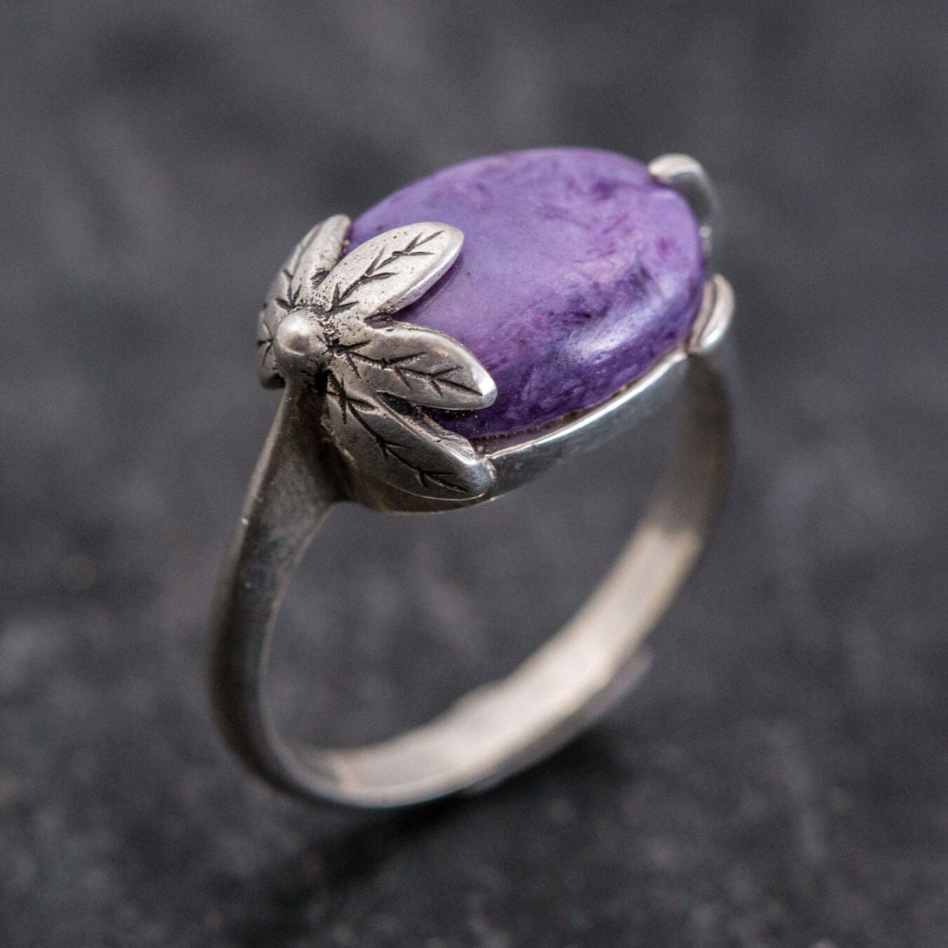 Leaf Ring, Charoite Ring, Purple Charoite Ring, Natural Charoite, Purple Ring, Vintage Ring, Scorpio Birthstone, Solid Silver Ring, Charoite