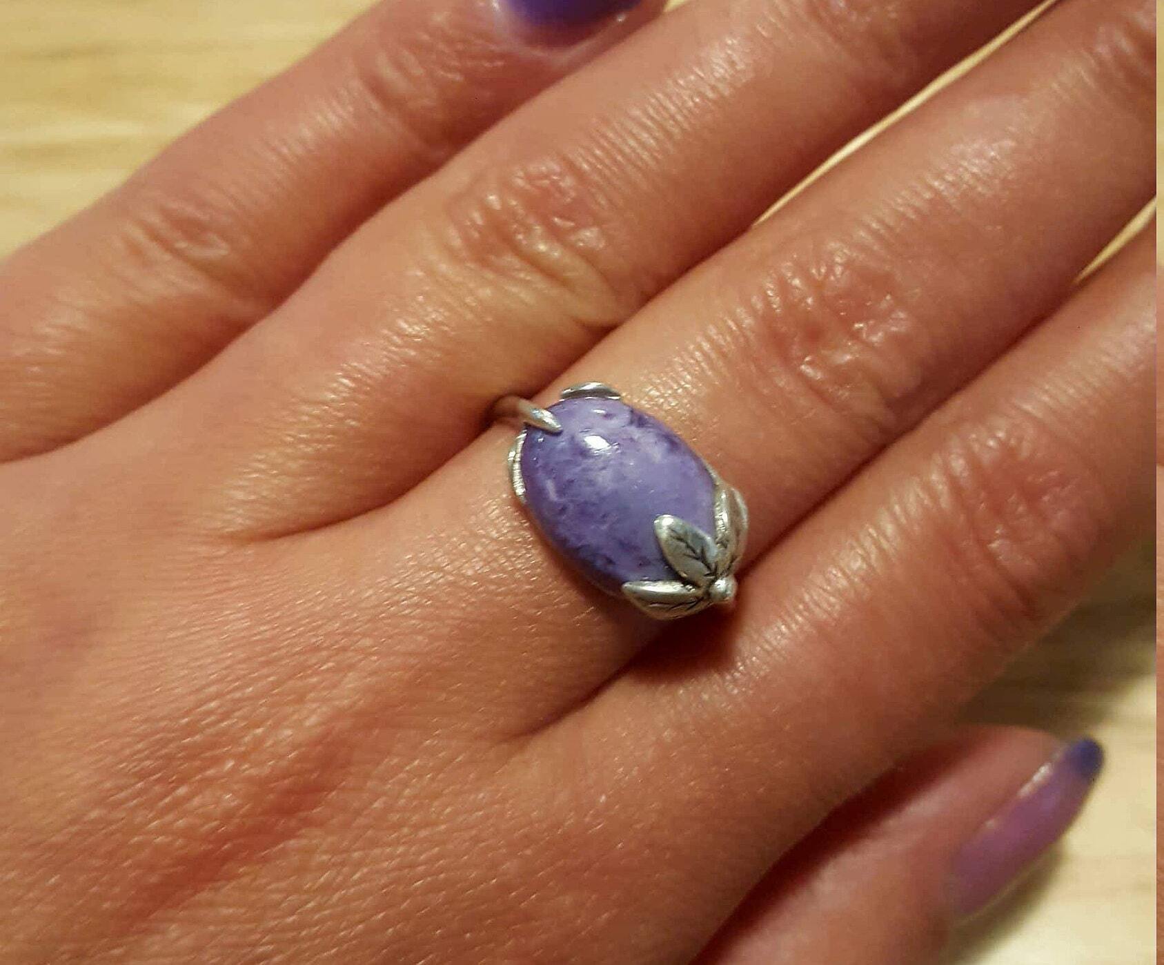 Leaf Ring, Charoite Ring, Purple Charoite Ring, Natural Charoite, Purple Ring, Vintage Ring, Scorpio Birthstone, Solid Silver Ring, Charoite