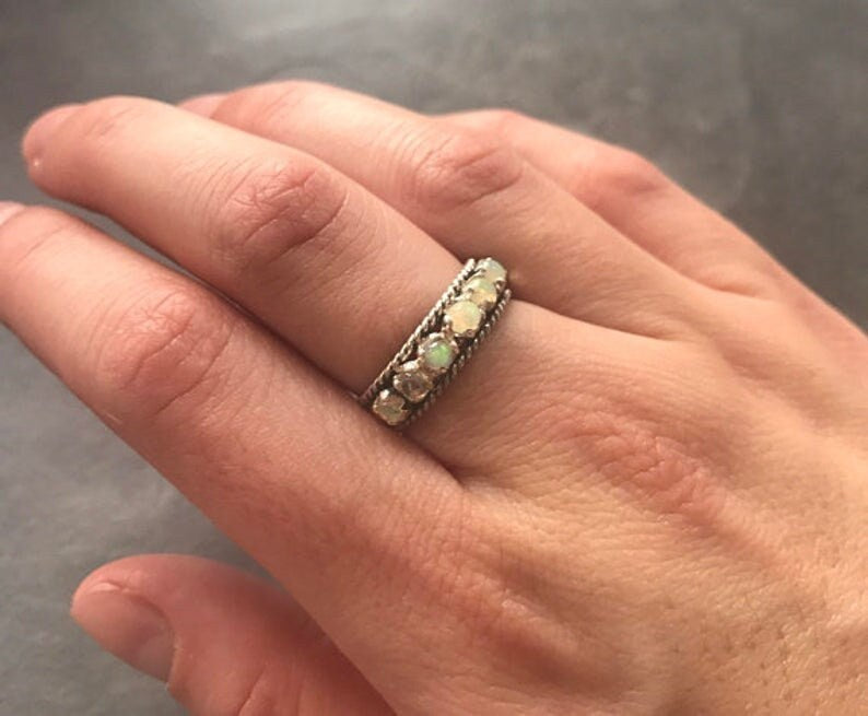 Opal Band, Natural Opal, Opal Eternity Ring, Opal Ring, Half Eternity Ring, October Birthstone, Vintage Band, Solid Silver Ring, Opal