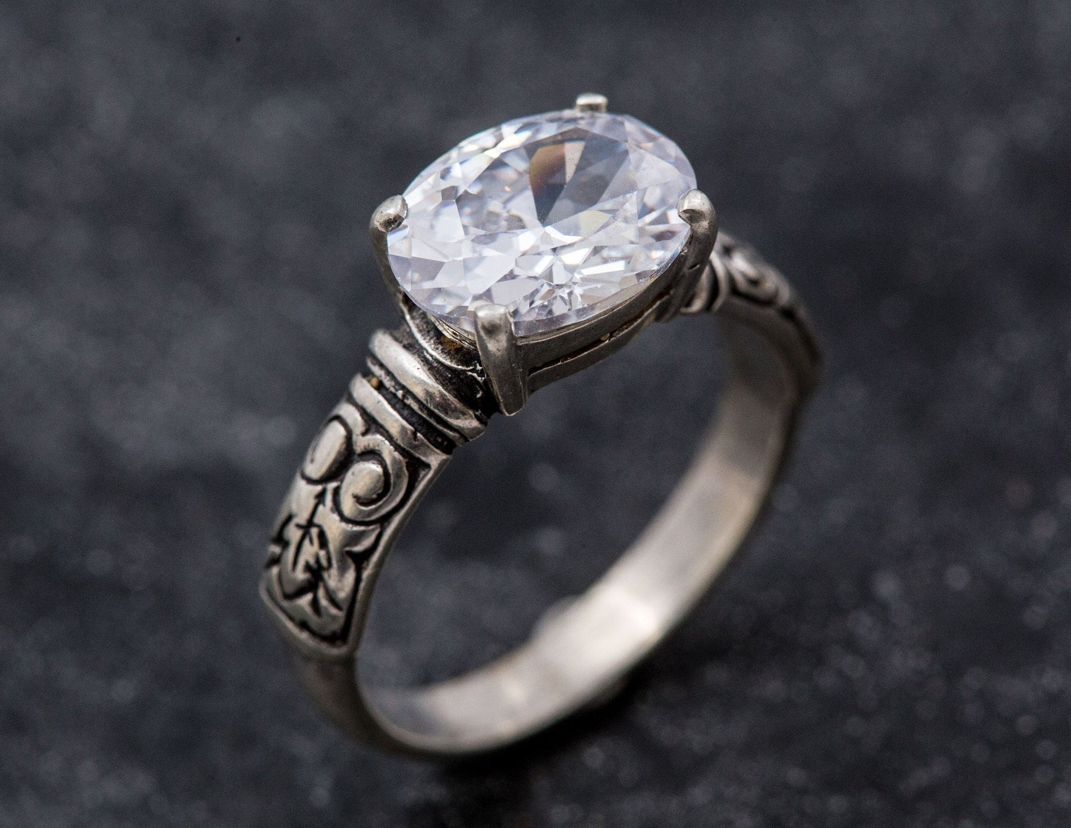 Horizontal Ring, Created Diamond Ring, Diamond Ring, Sparkly Ring, Vintage Rings, Zircon Ring, Artistic Ring, Solid Silver Ring, CZ Diamond