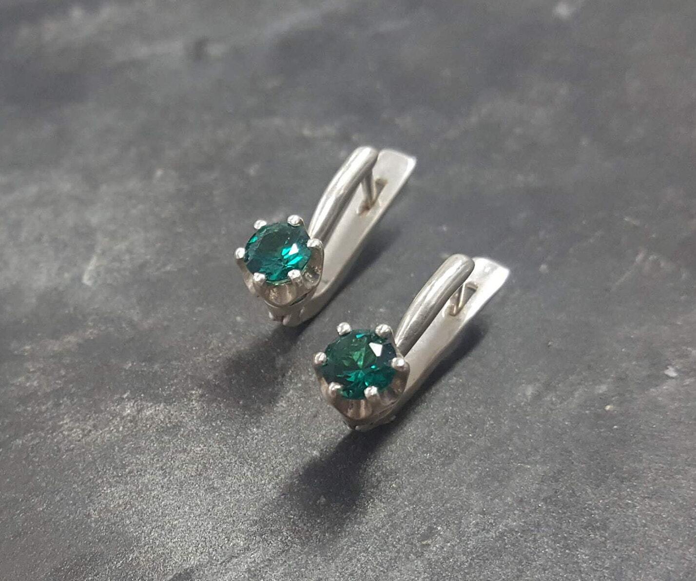 Created Emerald Earrings made in 925 Sterling Silver with Round Created Green Emerald in Solitaire setting, May Birthstone gift idea, symbolizes, ideal for everyday wear and perfect for birthday gifting and special occasions.