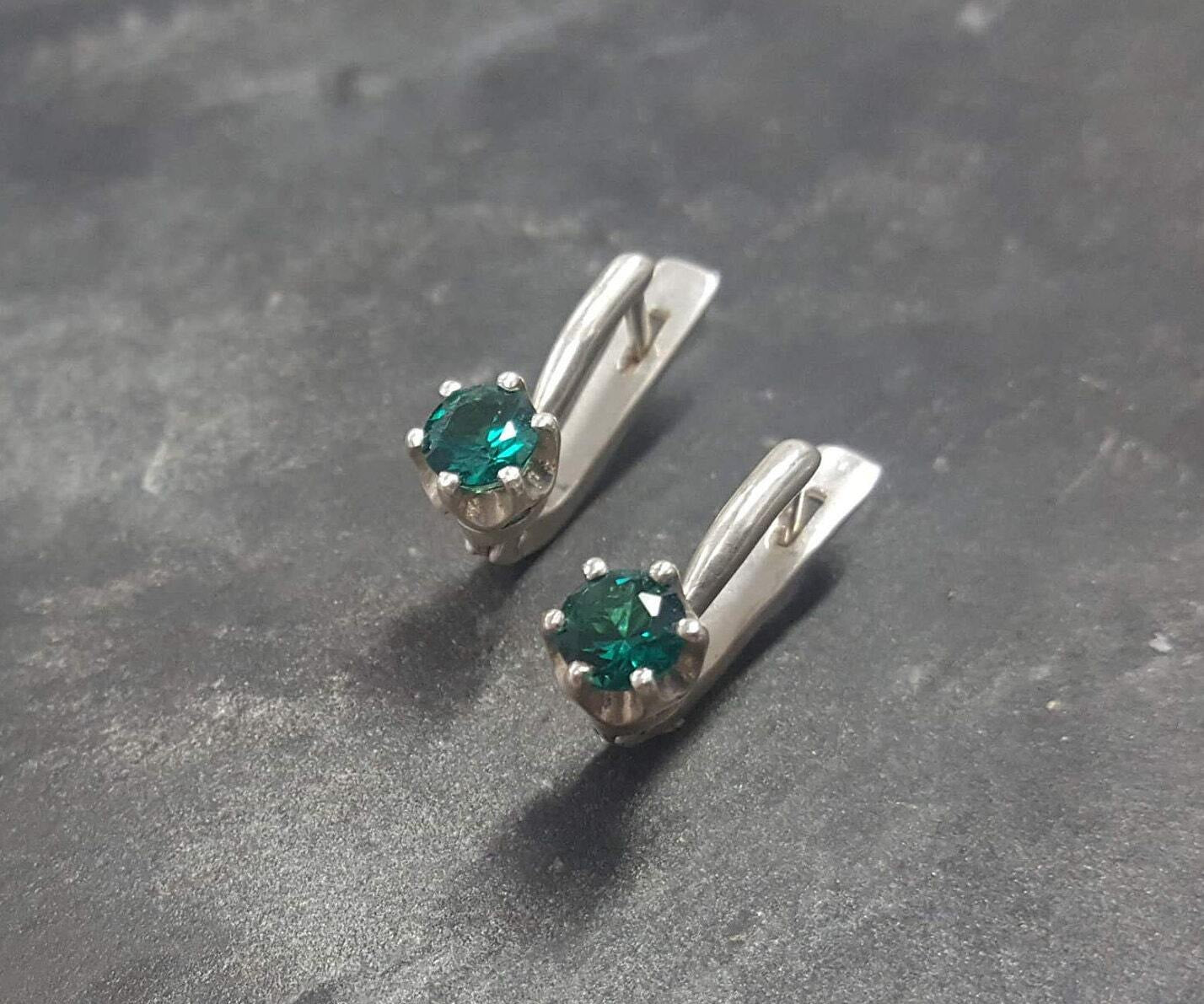 Created Emerald Earrings made in 925 Sterling Silver with Round Created Green Emerald in Solitaire setting, May Birthstone gift idea, symbolizes, ideal for everyday wear and perfect for birthday gifting and special occasions.