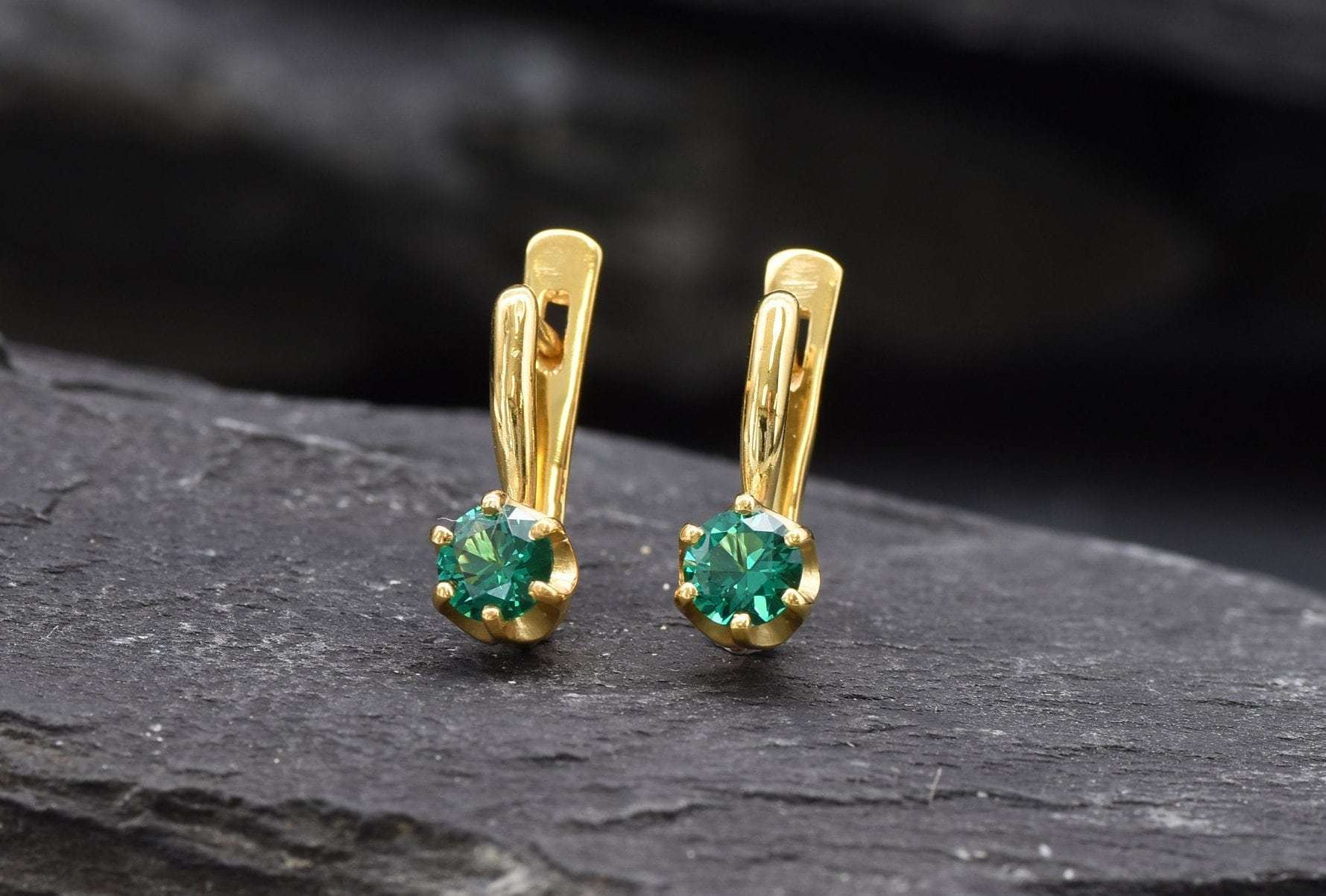Created Emerald Earrings made in 18k Gold Vermeil with Round Created Green Emerald in Solitaire setting, May Birthstone gift idea, symbolizes, ideal for everyday wear and perfect for birthday gifting and special occasions.