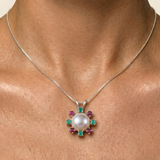 Real Pearl Pendant - Statement Pearl Necklace - Ruby & Emerald Necklace