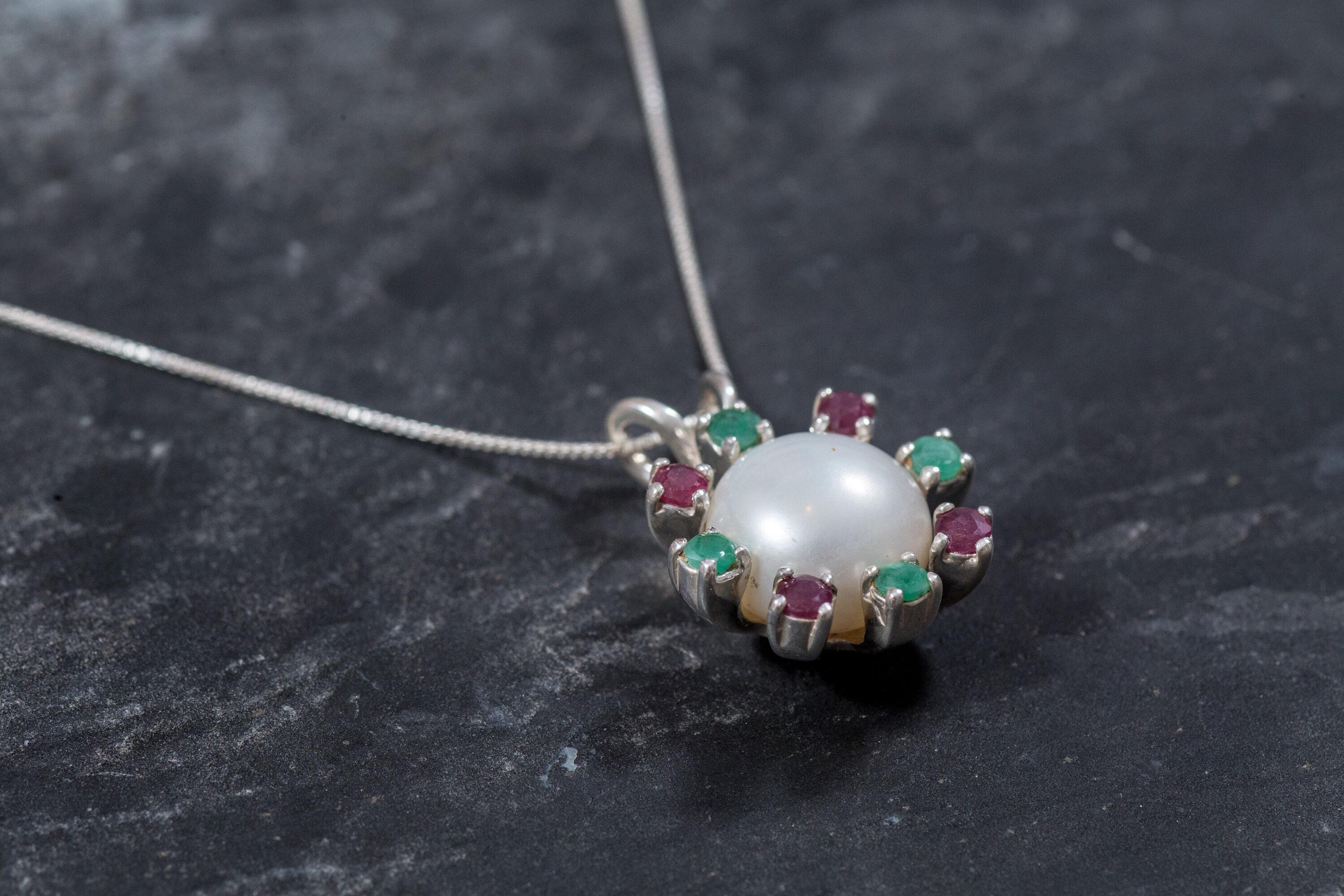 Real Pearl Pendant, White Pearl Pendant, Natural Pearl, Natural Emerald, Natural Ruby, June Birthstone, Real Pearl, Vintage Pendant