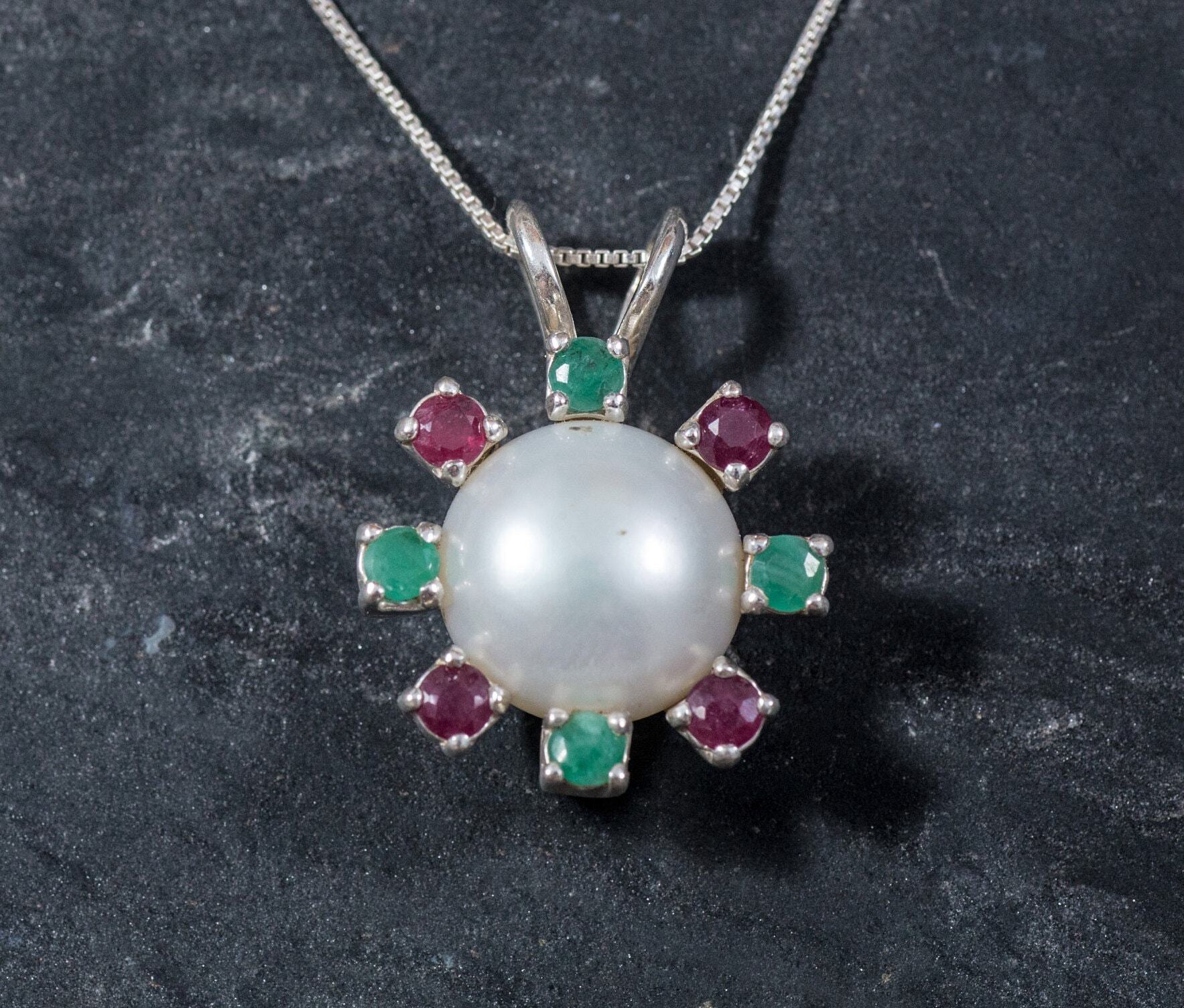 Real Pearl Pendant, White Pearl Pendant, Natural Pearl, Natural Emerald, Natural Ruby, June Birthstone, Real Pearl, Vintage Pendant