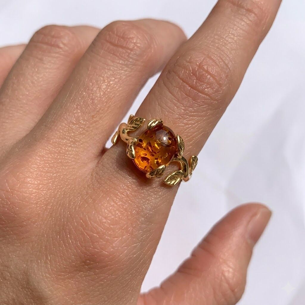 Delicate 18k gold vermeil ring with oval Natural Amber gemstone; great for birthdays