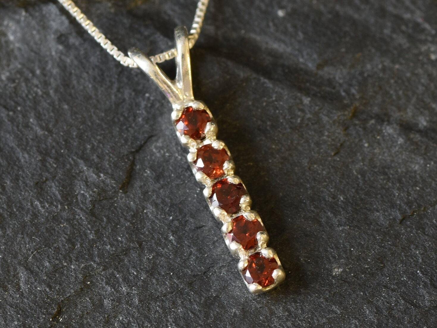 Genuine Garnet Pendant - Red Bar Necklace - Vintage Drop Necklace