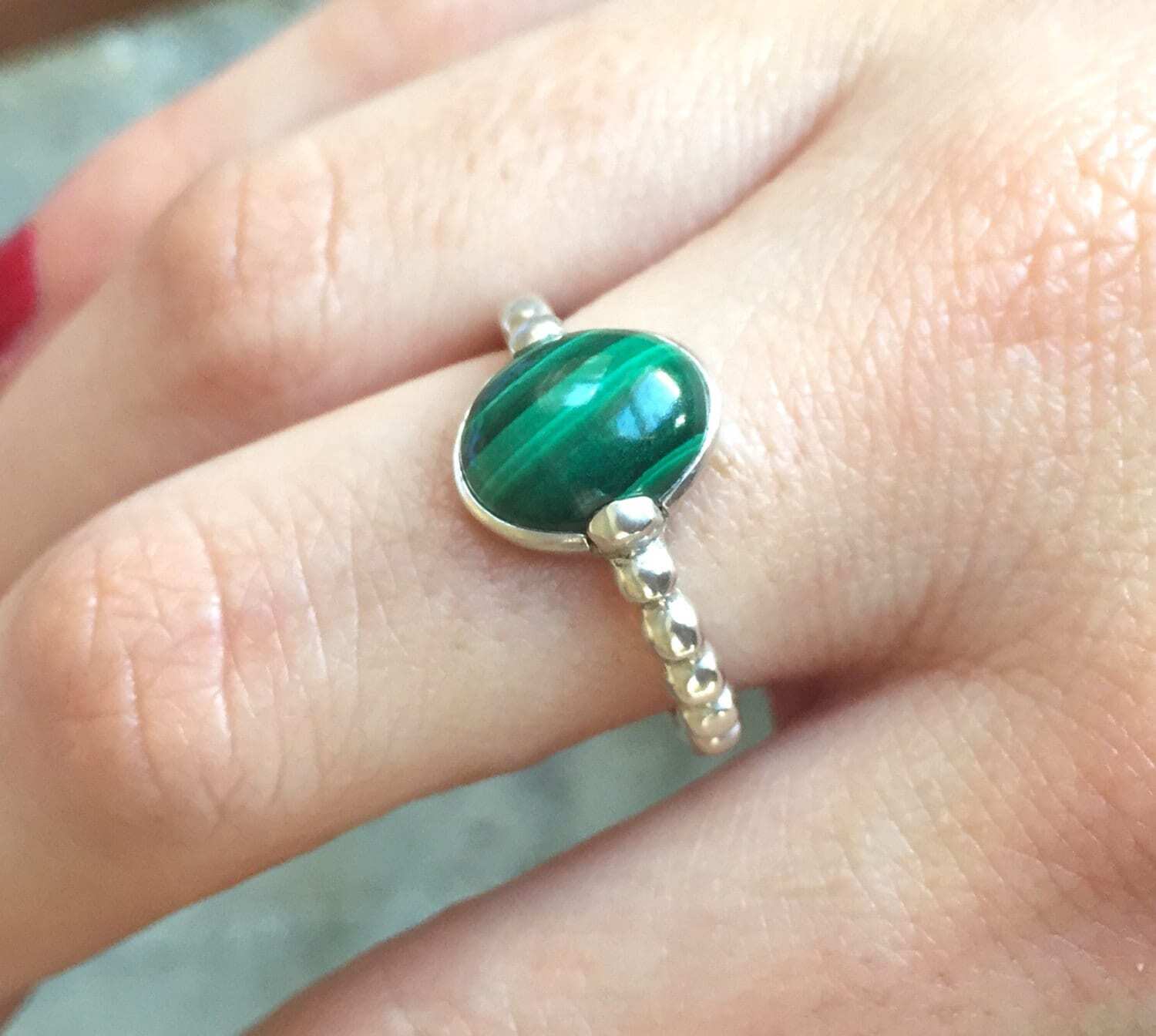 Malachite Ring, Stackable Ring, Beaded Band, Bubble Band Ring, Natural Malachite, Green Oval Ring, Unique Ring, 3 Carat Ring, 925 Silver