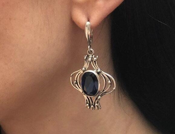 Sapphire Earrings in 925 Sterling Silver with Oval Blue Sapphire, perfect birthday gift for September, symbolizes sincerity and faithfulness.