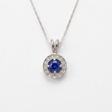 Created Sapphire Pendant made in 925 Sterling Silver with Round Created Blue Sapphire in Halo setting, September Birthstone gift idea, symbolizes sincerity, truth, and faithfulness, ideal for everyday wear and perfect for birthday gifting and special occasions.