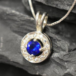 Created Sapphire Pendant made in 925 Sterling Silver with Round Created Blue Sapphire in Halo setting, September Birthstone gift idea, symbolizes sincerity, truth, and faithfulness, ideal for everyday wear and perfect for birthday gifting and special occasions.