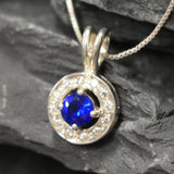 Created Sapphire Pendant made in 925 Sterling Silver with Round Created Blue Sapphire in Halo setting, September Birthstone gift idea, symbolizes sincerity, truth, and faithfulness, ideal for everyday wear and perfect for birthday gifting and special occasions.