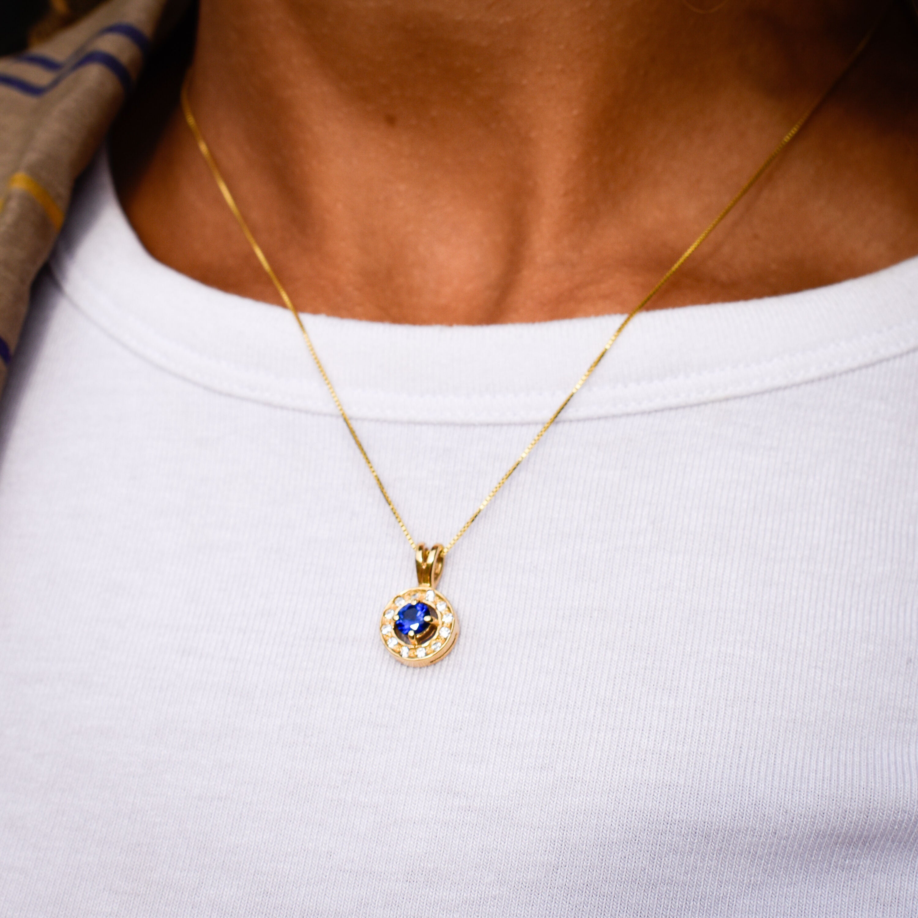 18k Gold Vermeil Sapphire Pendant with Halo setting, September Birthstone, symbolizes sincerity and perfect for special occasions.