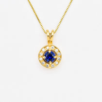 Created Sapphire Pendant made in 18k Gold Vermeil with Round Created Blue Sapphire in Halo setting, September Birthstone gift idea, symbolizes sincerity, truth, and faithfulness, ideal for everyday wear and perfect for birthday gifting and special occasions.