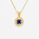 Created Sapphire Pendant made in 18k Gold Vermeil with Round Created Blue Sapphire in Halo setting, September Birthstone gift idea, symbolizes sincerity, truth, and faithfulness, ideal for everyday wear and perfect for birthday gifting and special occasions.