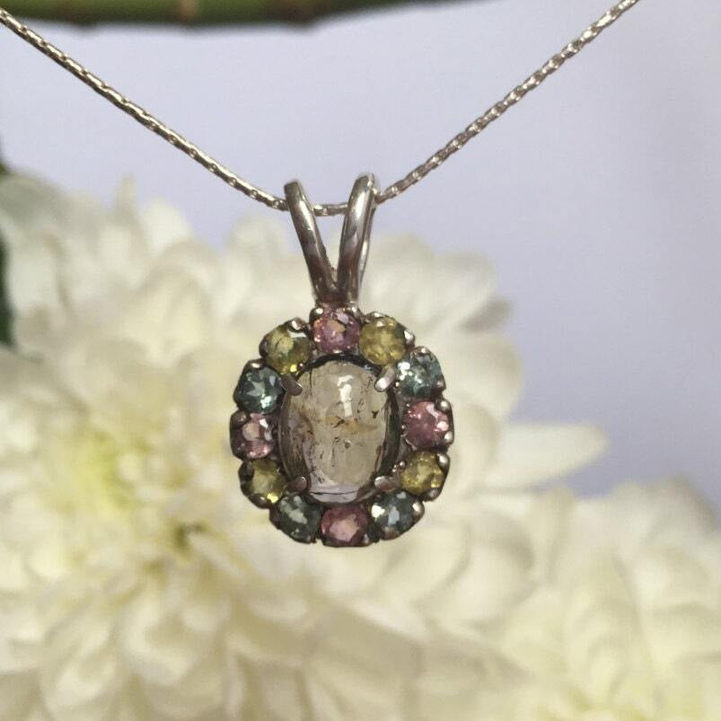 Tourmaline Pendant, Natural Tourmaline, October Birthstone, Victorian Pendant, Vintage Pendant, Birthstone Pendant, Silver Charm, Tourmaline