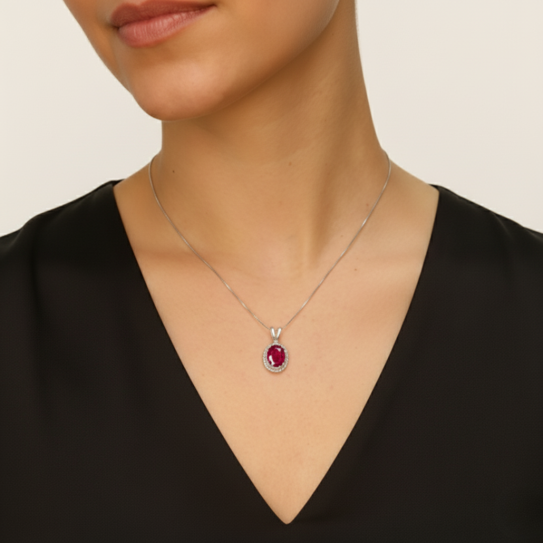 Elegant Ruby Pendant crafted in 925 Sterling Silver, featuring a sparkling Oval Created Red Ruby, perfect for any occasion.