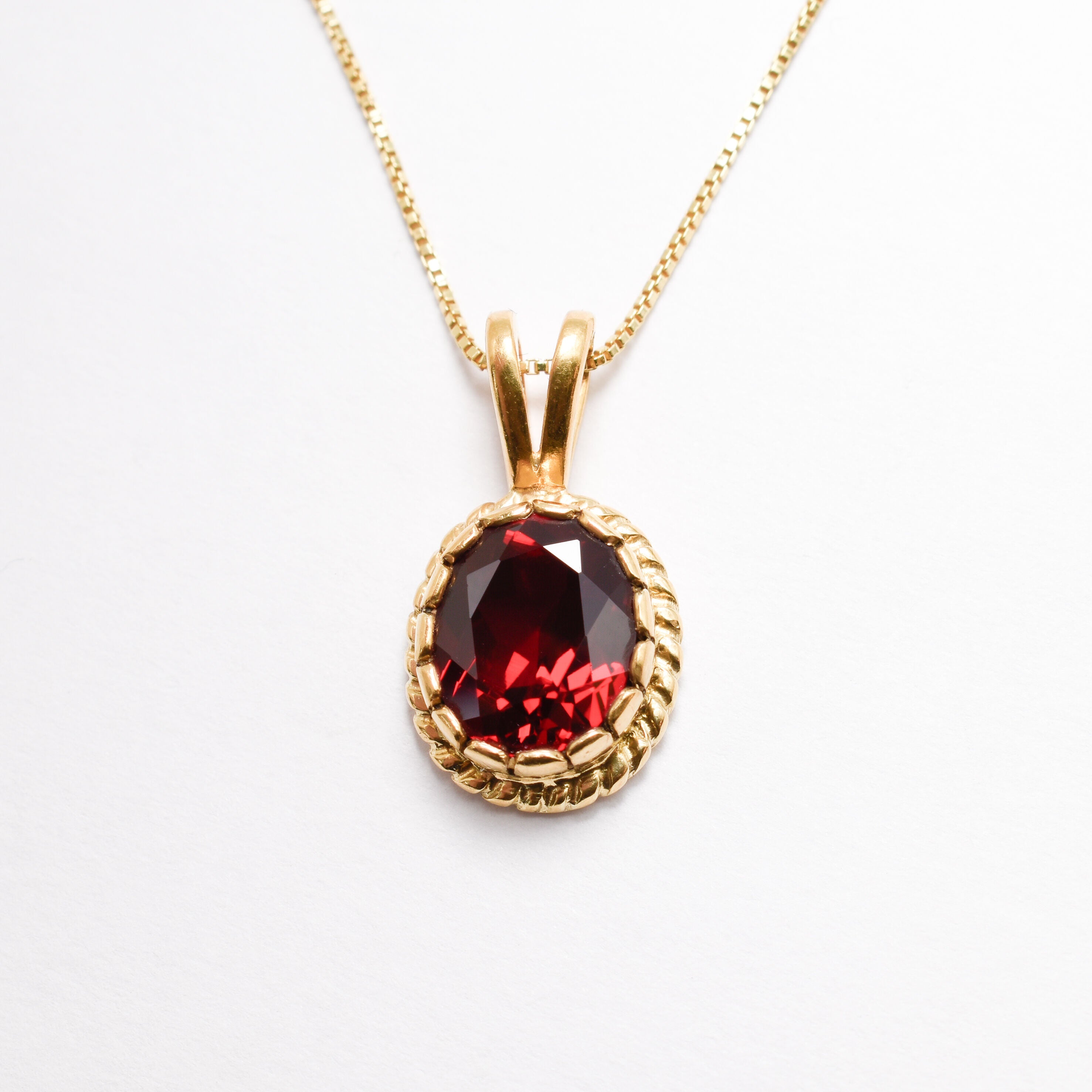 Created Ruby Pendant made in 18k Gold Vermeil with Oval Created Red Ruby in Solitaire setting, July Birthstone gift idea, symbolizes nobility, purity, and passion, ideal for everyday wear and perfect for birthday gifting and special occasions.