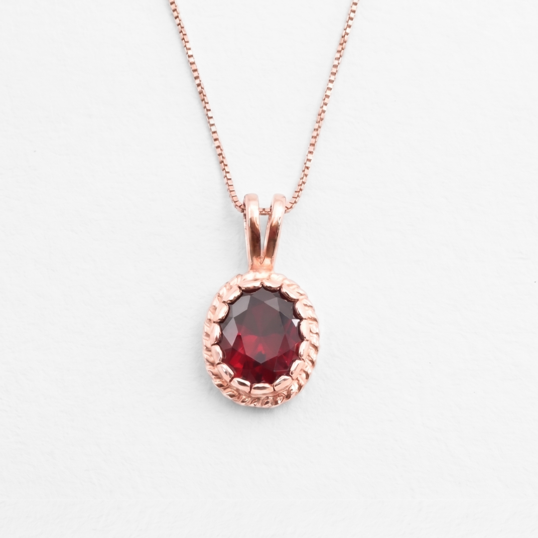Created Ruby Pendant made in Rose Gold Vermeil with Oval Created Red Ruby in Solitaire setting, July Birthstone gift idea, symbolizes nobility, purity, and passion, ideal for everyday wear and perfect for birthday gifting and special occasions.
