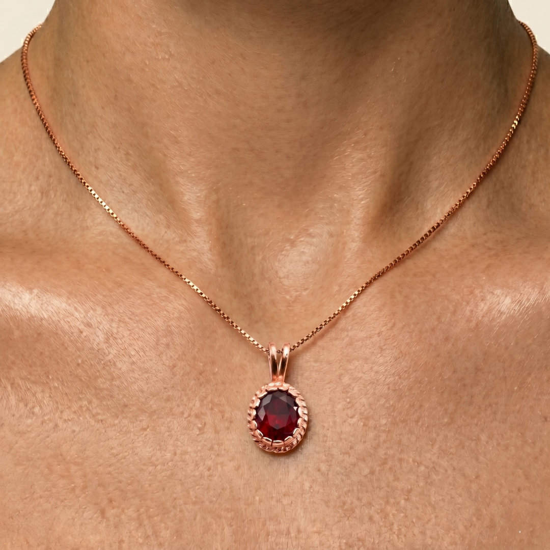 Rose Gold Vermeil Ruby Pendant featuring an Oval Created Red Ruby, perfect for July birthdays and special occasions.