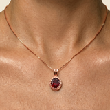 Rose Gold Vermeil Ruby Pendant featuring an Oval Created Red Ruby, perfect for July birthdays and special occasions.