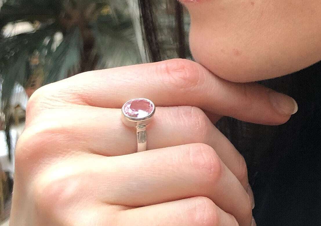 Morganite Ring, Created Morganite, Pink Promise Ring, Solitaire Ring, Pink Dainty Ring, Pink Ring, Cotton Candy Pink, Solid Silver Ring