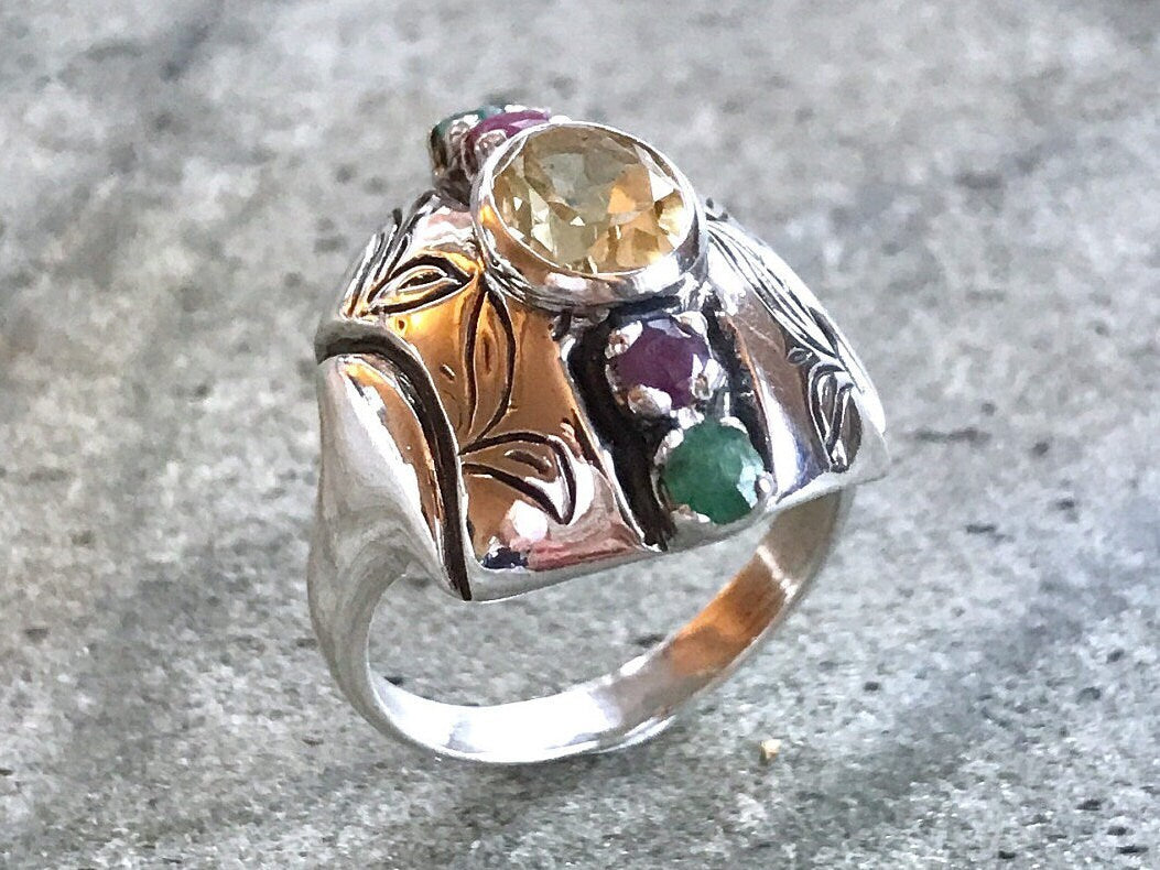 Bohemian Ring, Tribal Ring, Citrine Ring, Vintage Rings, Statement Ring, Birthstones Ring, Shield Ring, Silver Ring, Ruby, Emerald, Citrine