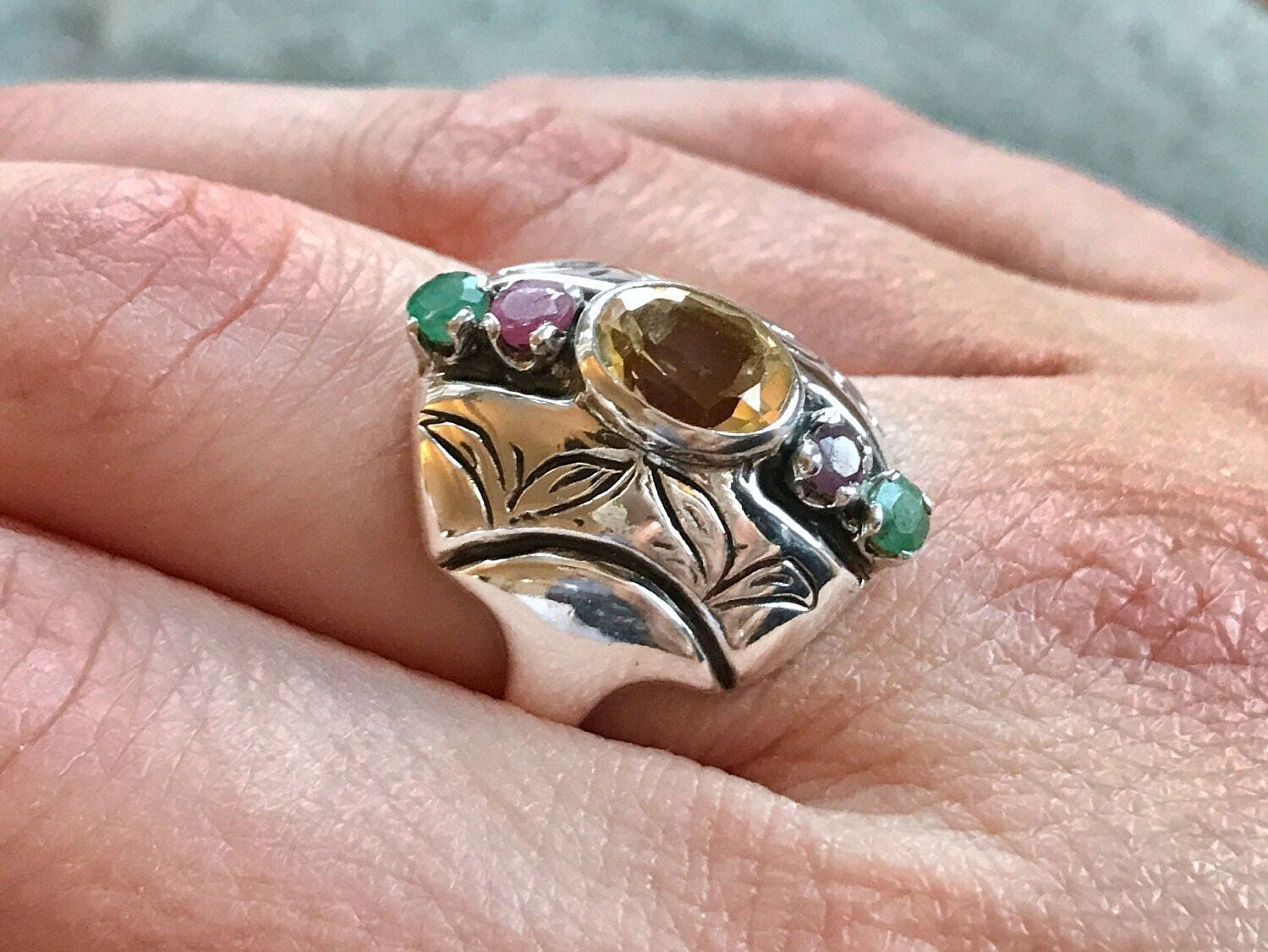 Bohemian Ring, Tribal Ring, Citrine Ring, Vintage Rings, Statement Ring, Birthstones Ring, Shield Ring, Silver Ring, Ruby, Emerald, Citrine