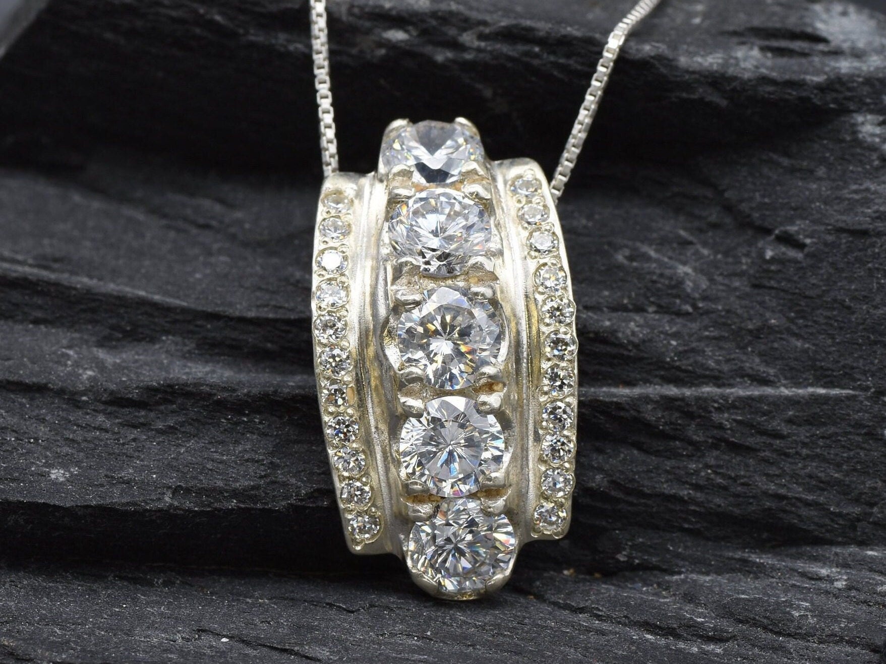 Diamond Pendant, Vintage Necklace, Sparkly Necklace, Created Diamond, Cubic Zirconia Pendant, Cubic Zirconia Necklace, CZ Necklace, Silver