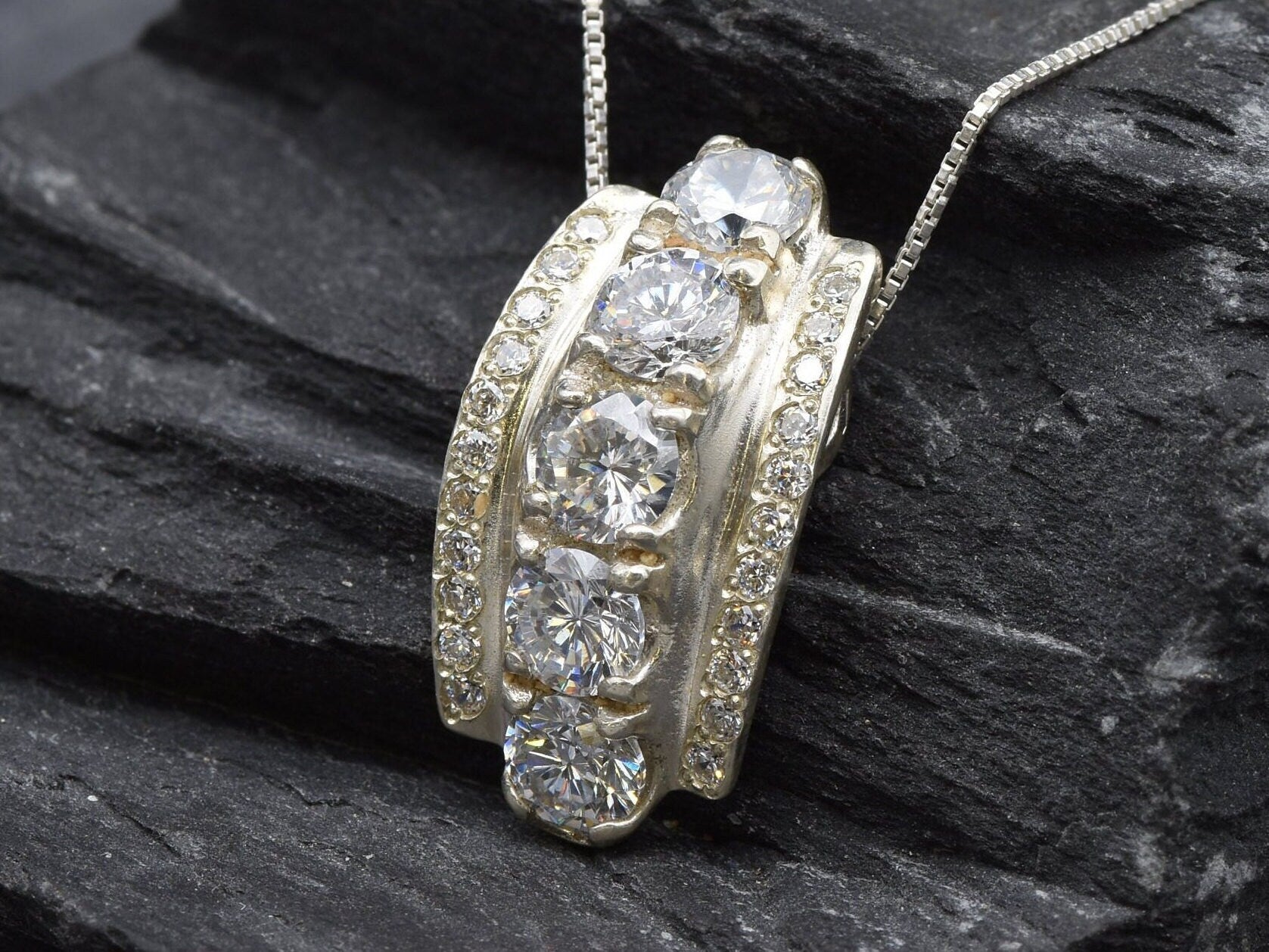 Diamond Pendant, Vintage Necklace, Sparkly Necklace, Created Diamond, Cubic Zirconia Pendant, Cubic Zirconia Necklace, CZ Necklace, Silver