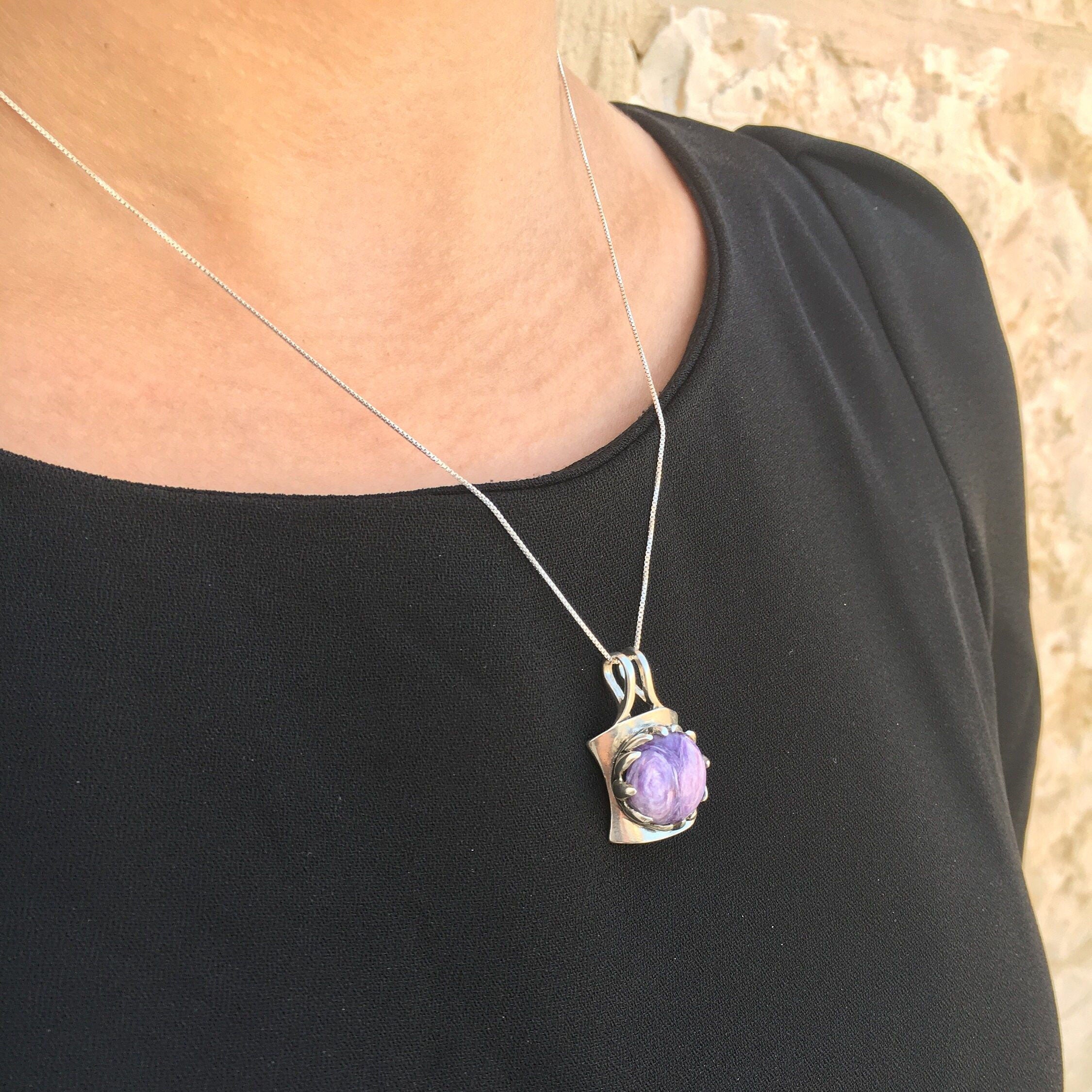 Charoite Pendant, Natural Charoite, Purple Pendant, Statement Pendants, Scorpio Birthstone, Artistic Pendant, Solid Silver Pendant, Charoite